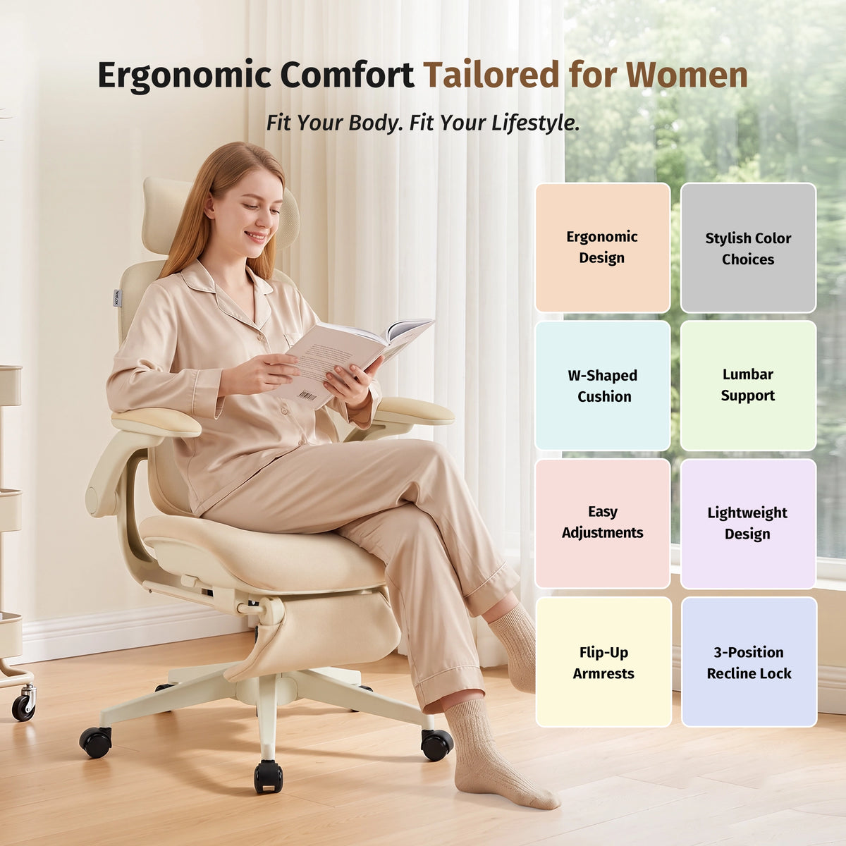 Cream ergonomic office chair with flip-up armrests and padded seat back