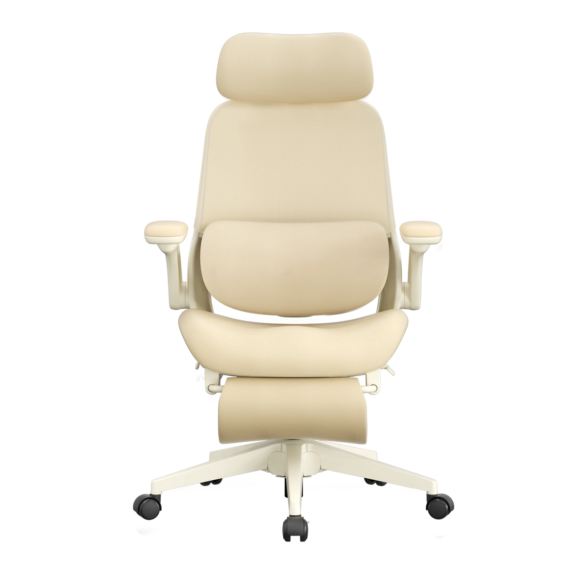 Cream ergonomic office chair front view with curved seat, backrest, and caster base