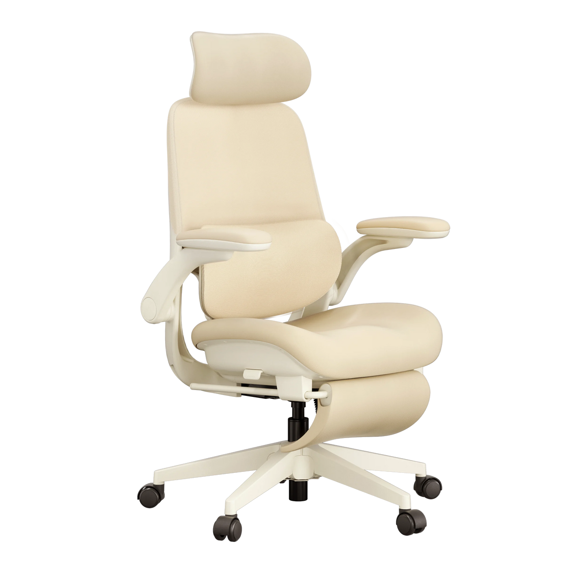 Cream ergonomic office chair side view with foldable backrest and caster base