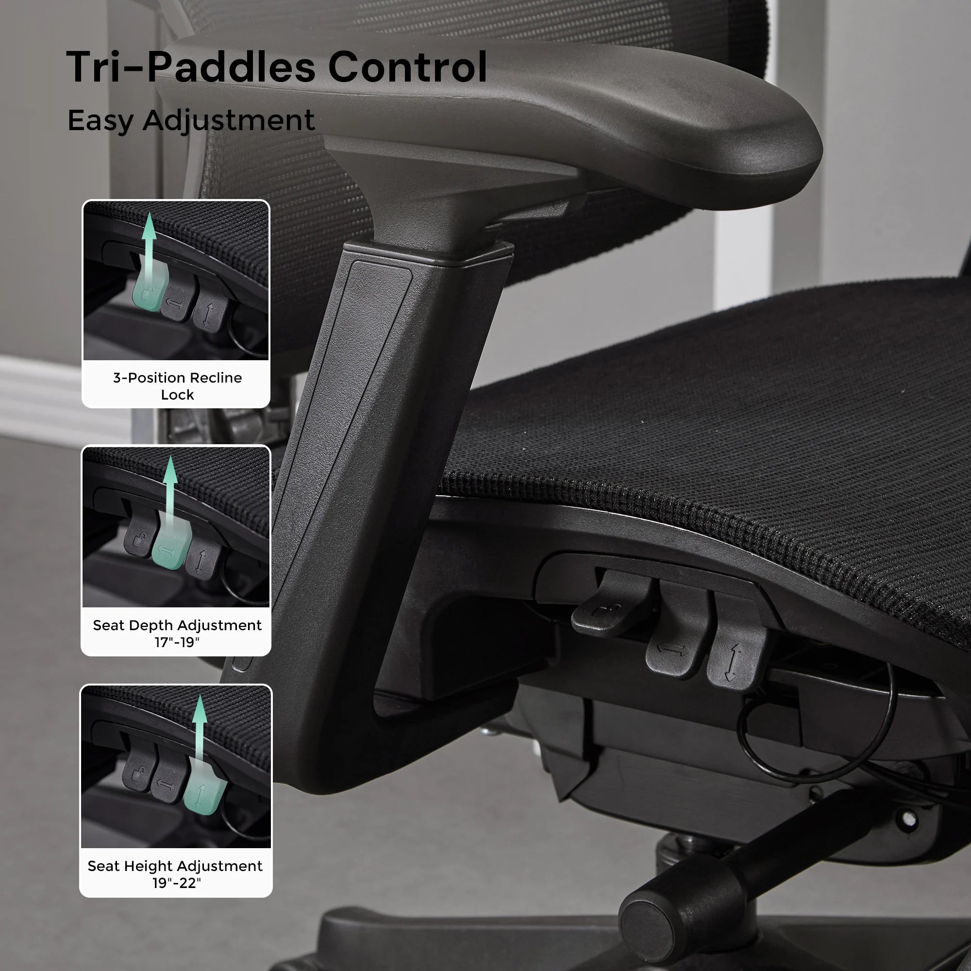 Ergonomic office chair armrest with adjustment controls and black padded cushion