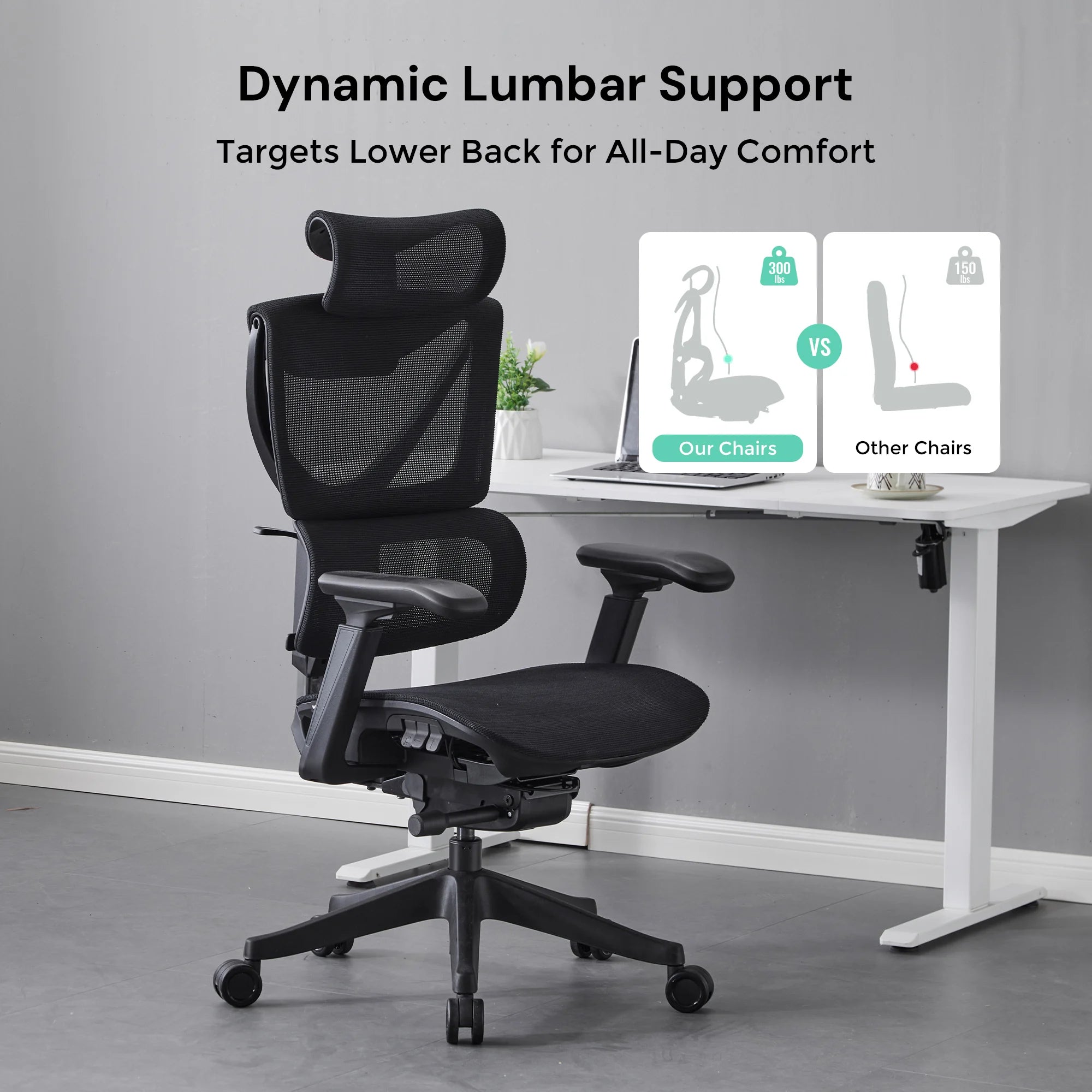Black ergonomic office chair with mesh back, padded seat, and dynamic lumbar support