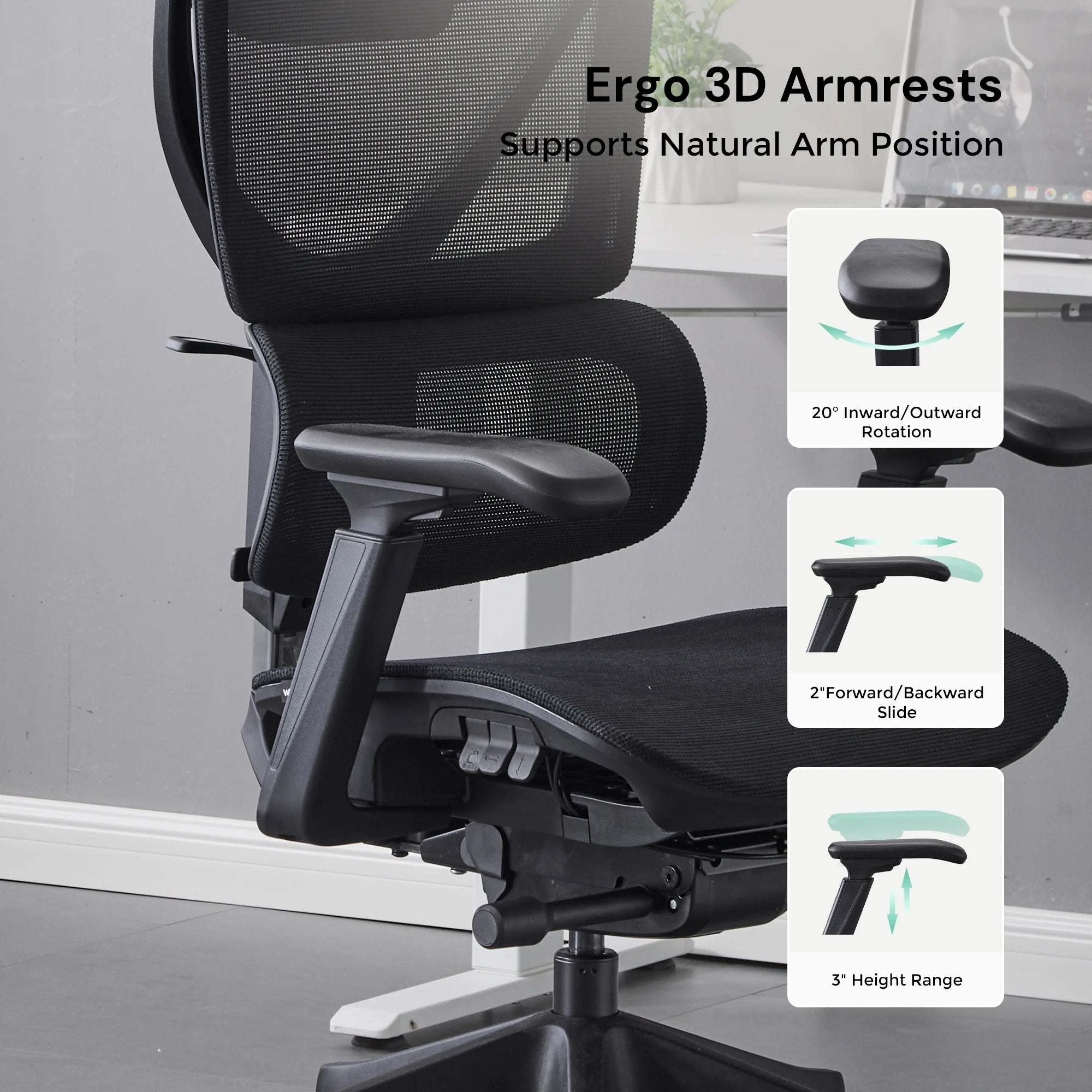 Ergo office chair armrests with 3D inward, outward, and forward-back adjustment