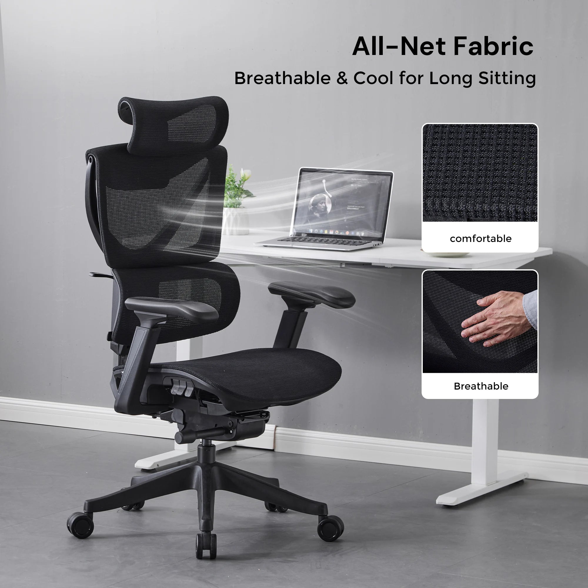 Black ergonomic office chair with breathable mesh upholstery and padded lumbar support