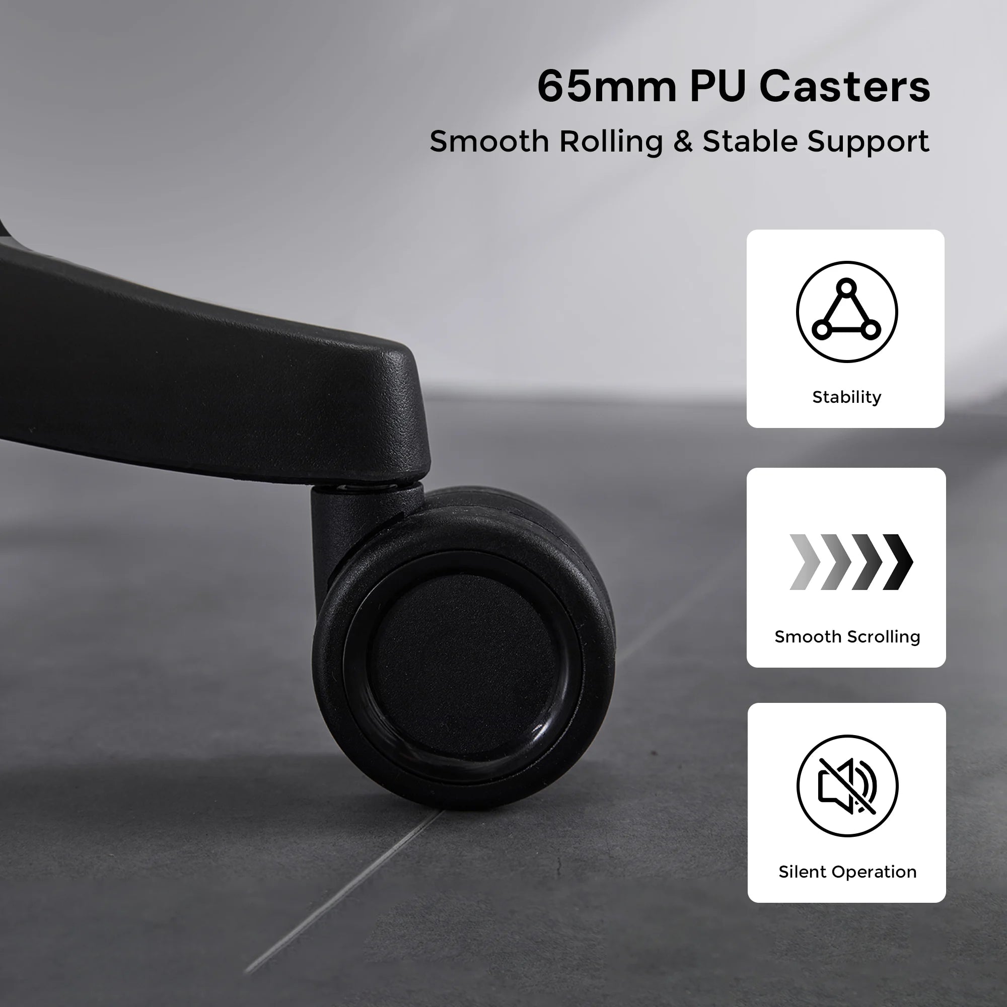 Black office chair caster wheel and armrest support, smooth rolling base