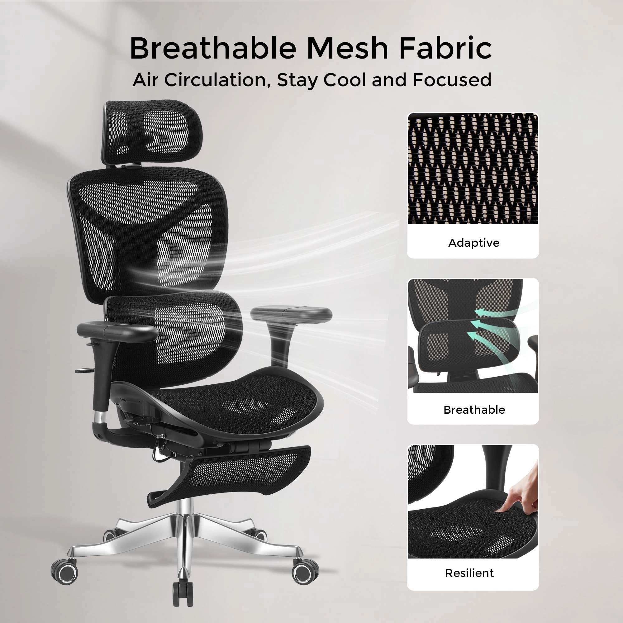 Ergonomic office chair with breathable black mesh fabric, ventilated seat and backrest.