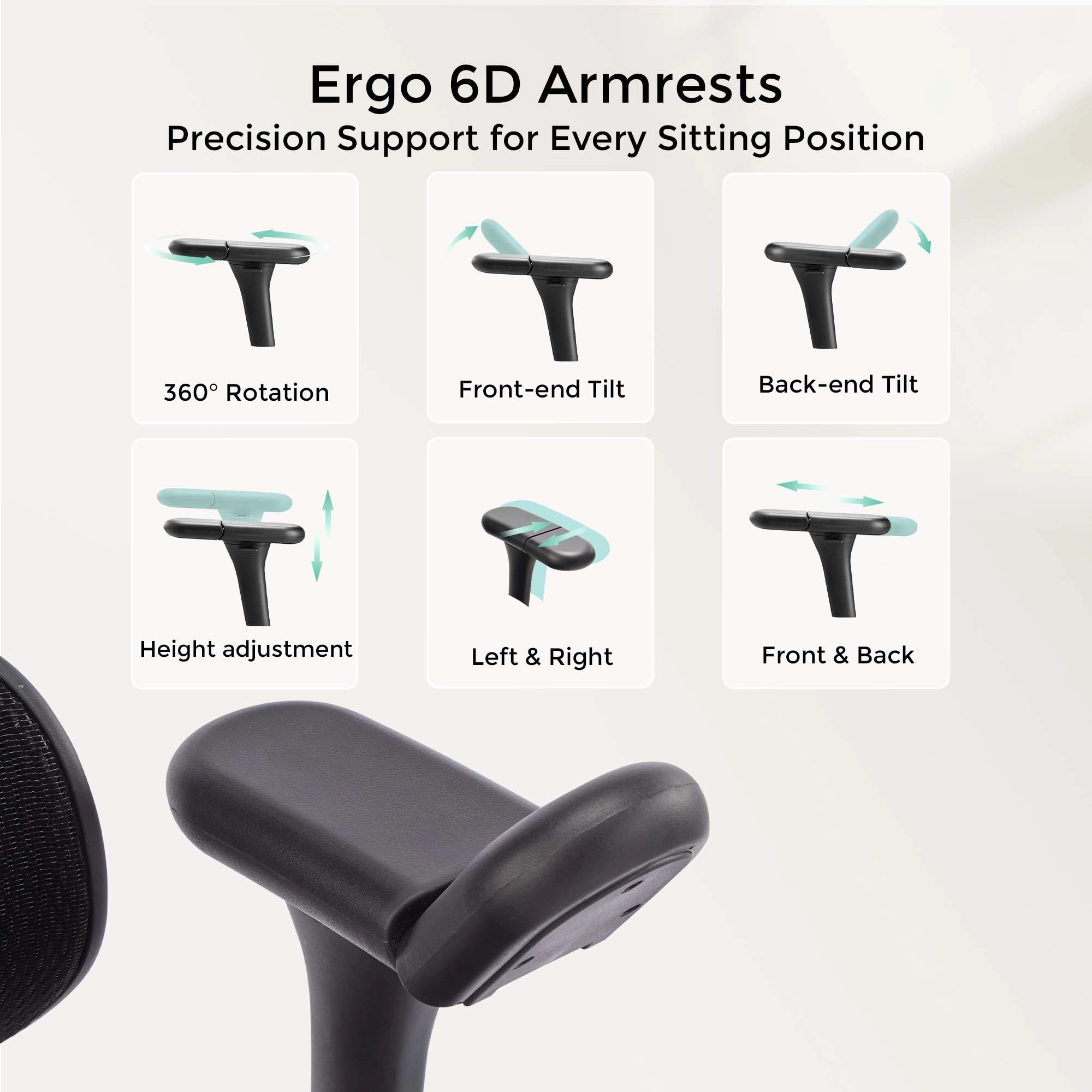Black ergonomic office chair armrests with padded cushion and pivot points