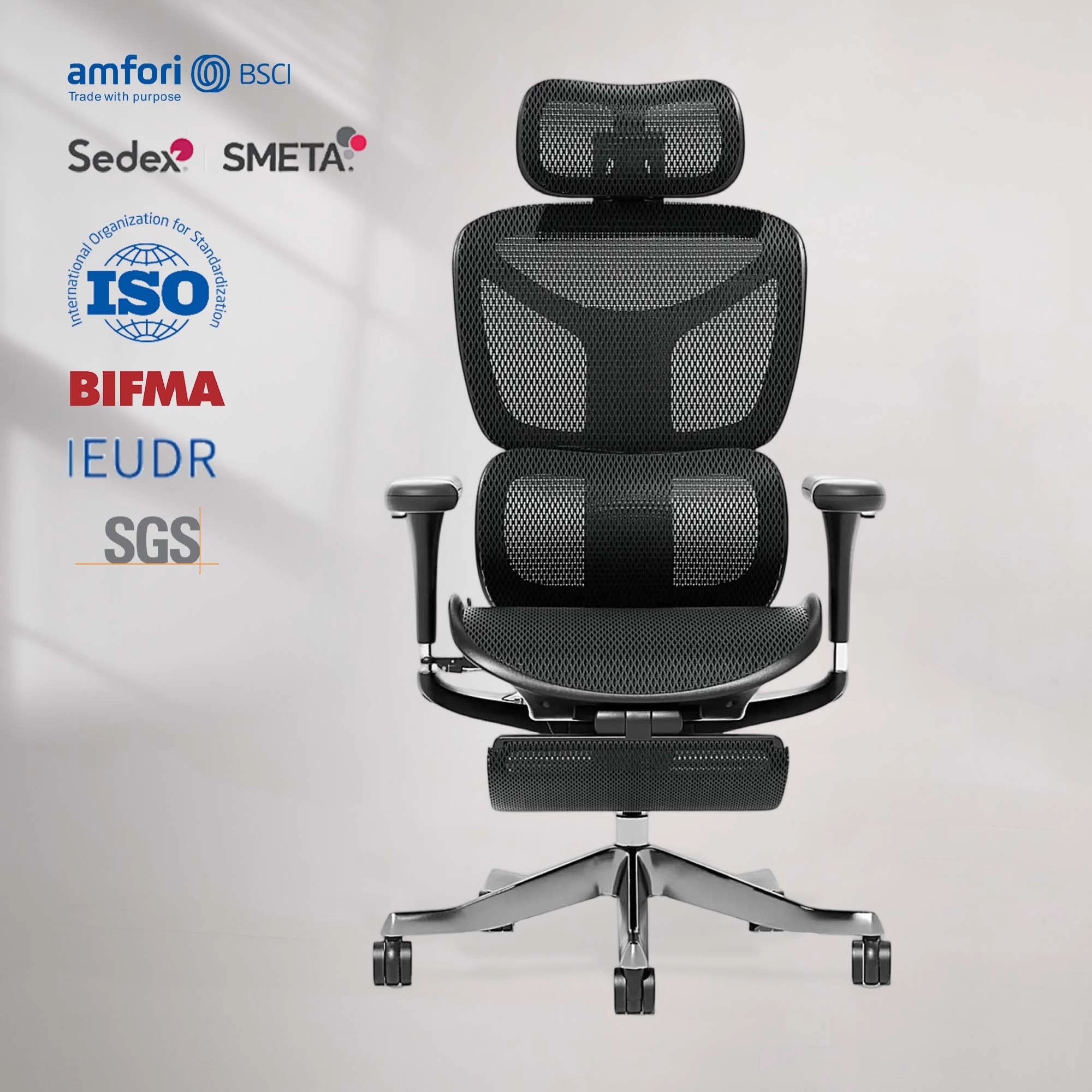 Ergonomic office chair with breathable black mesh seat and back, adjustable arms and base.