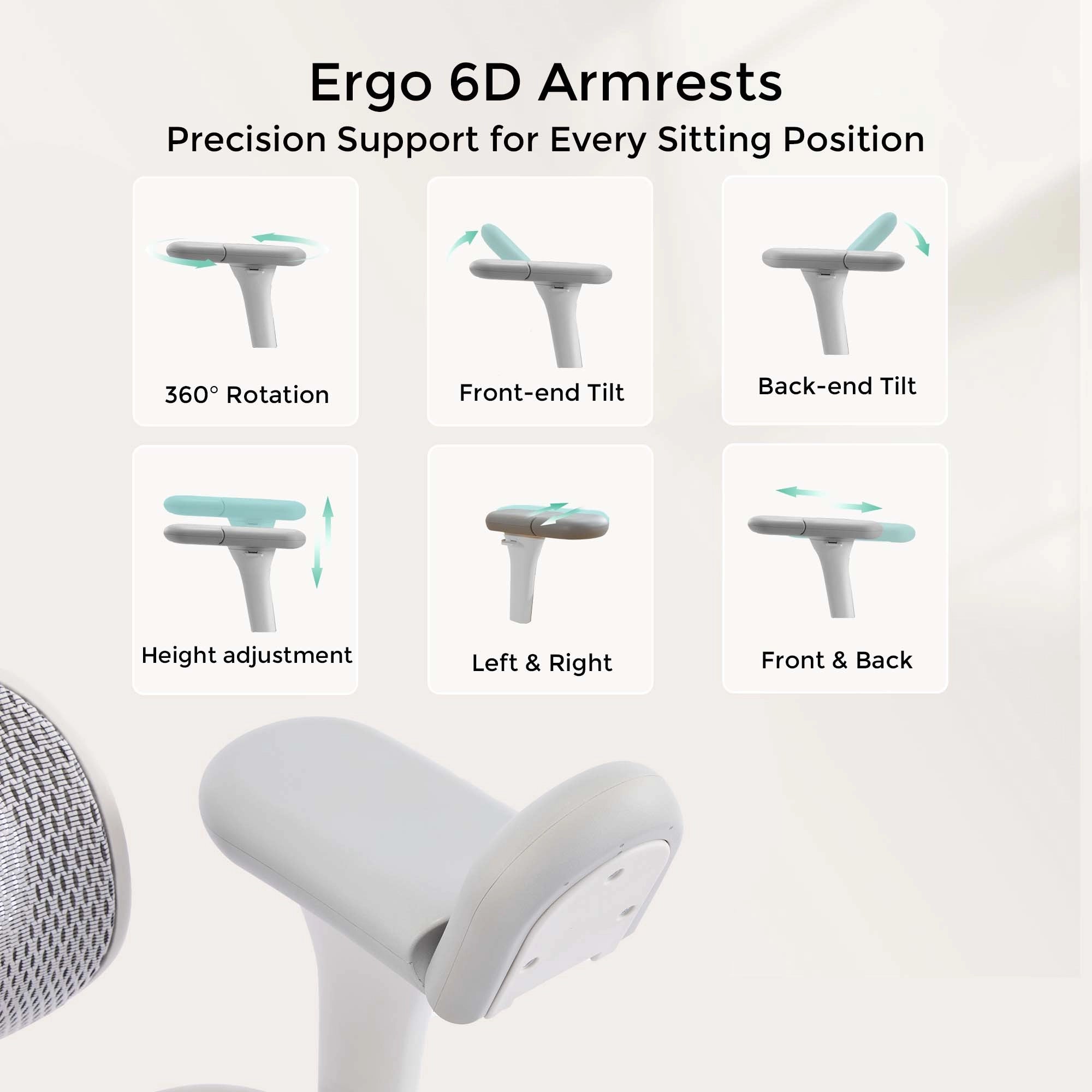 White ergonomic office chair armrests with padded cushion and swivel base