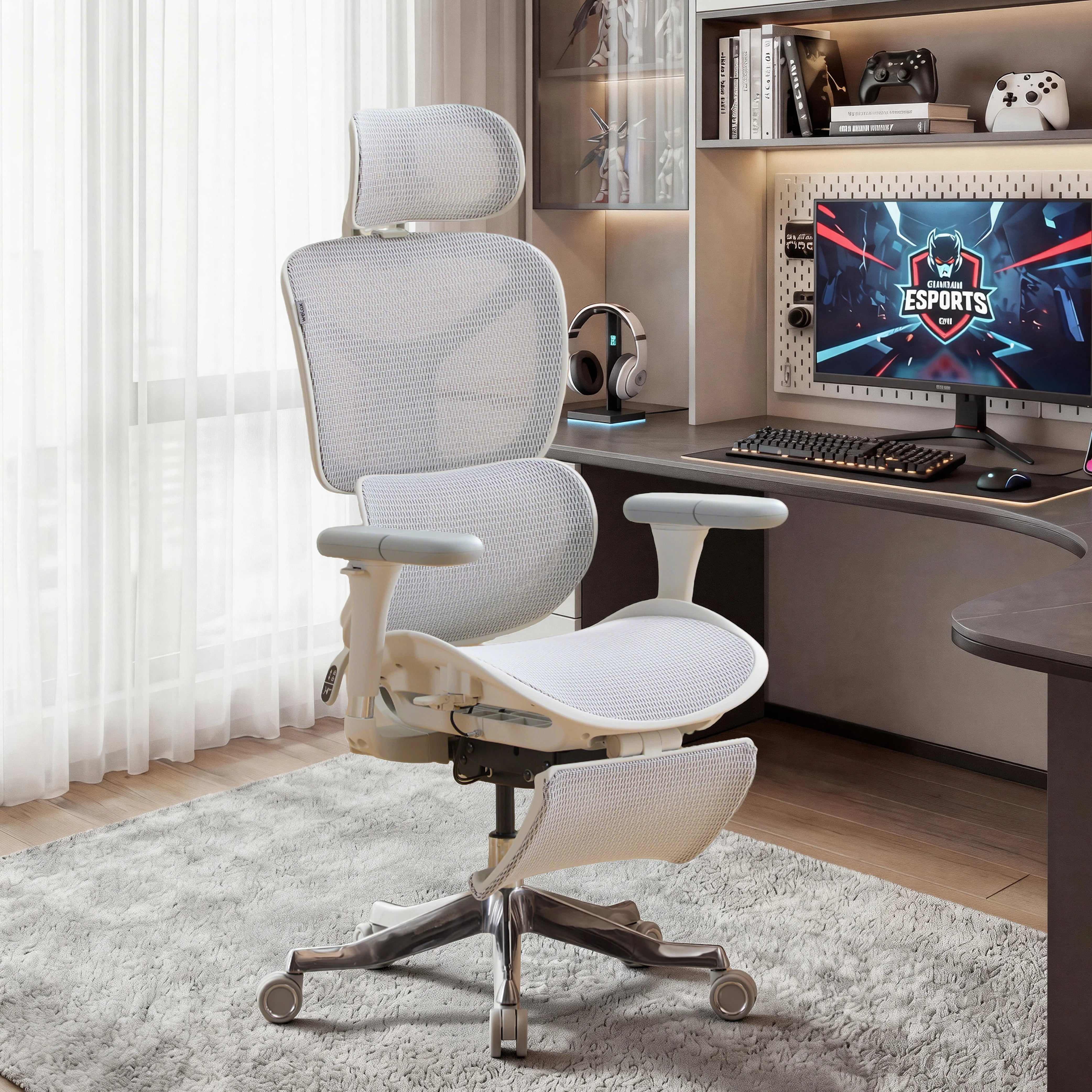 White ergonomic office chair with mesh backrest, seat, armrests, and five-star base