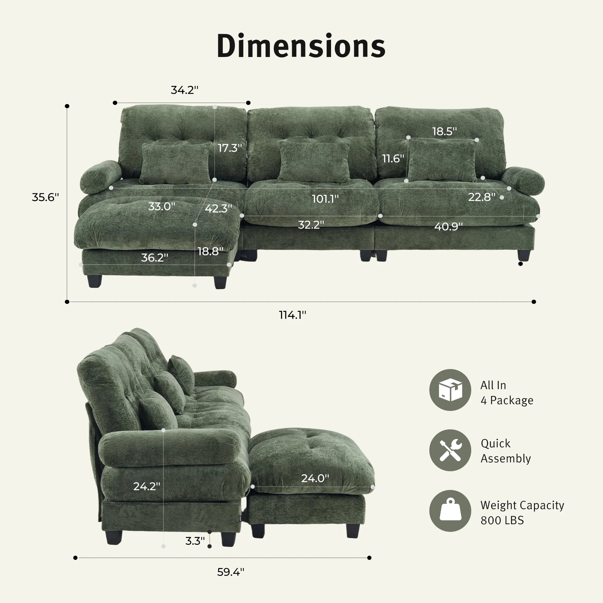 Green deep-seat plush sofa with tufted back and wide chaise section, dark legs.