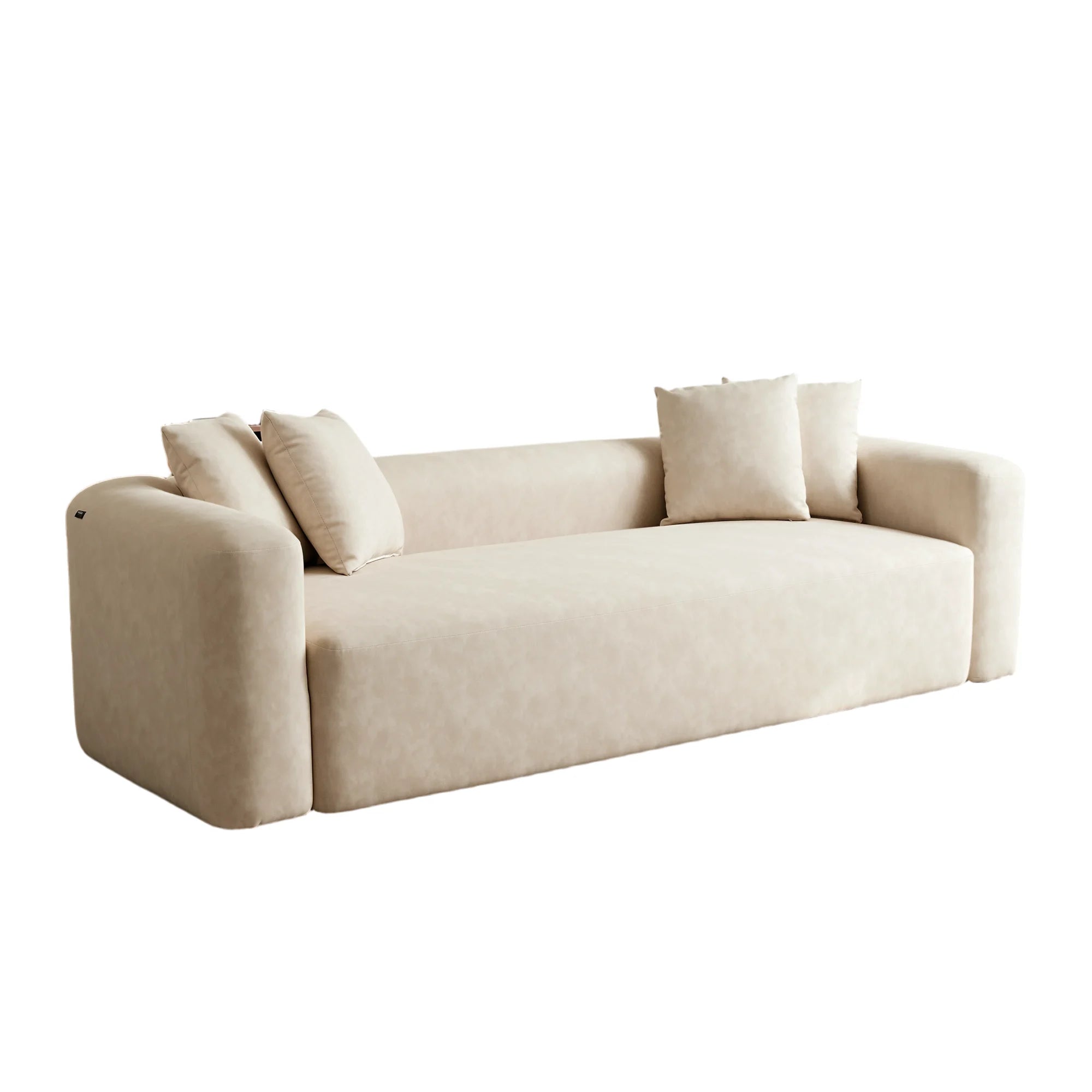 Cream minimal one-piece sofa with squared arms and three back cushions.