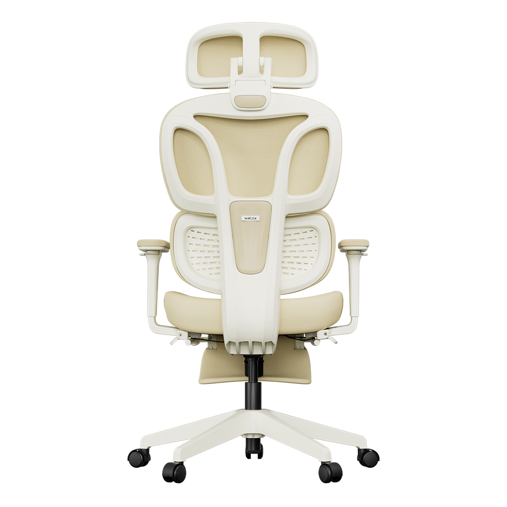 Light cream ergonomic office chair with perforated back and cushioned seat, five-star base