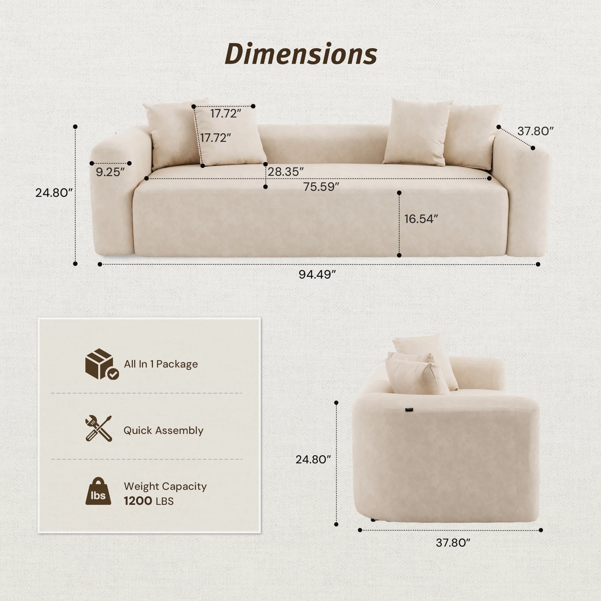 Cream one-piece sofa with labeled measurements and rounded arms