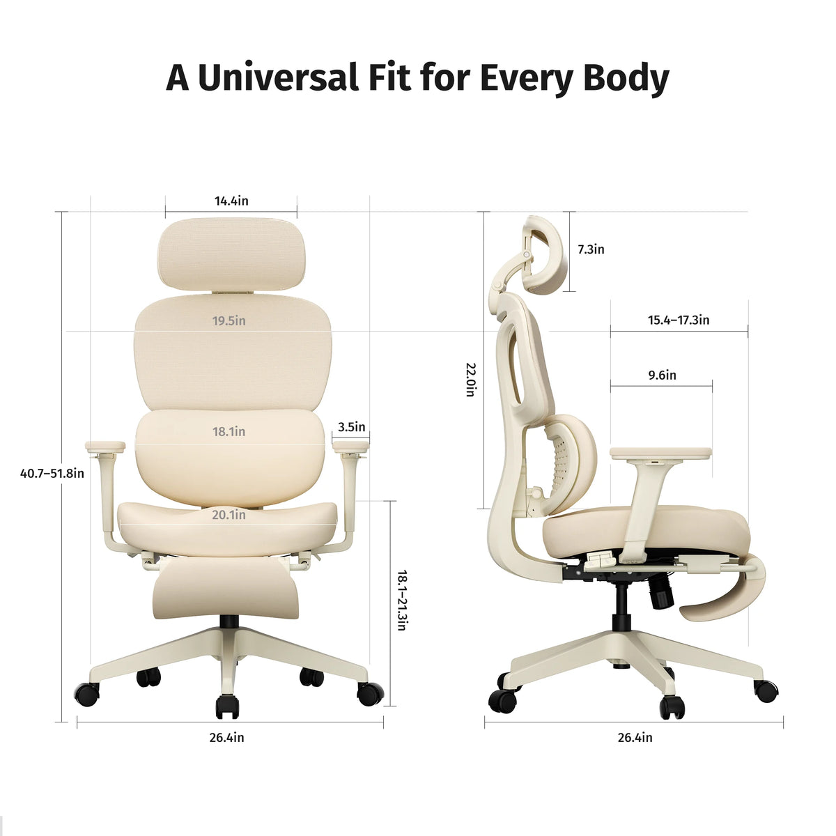 Cream ergonomic office chair shown front and side view with footrest