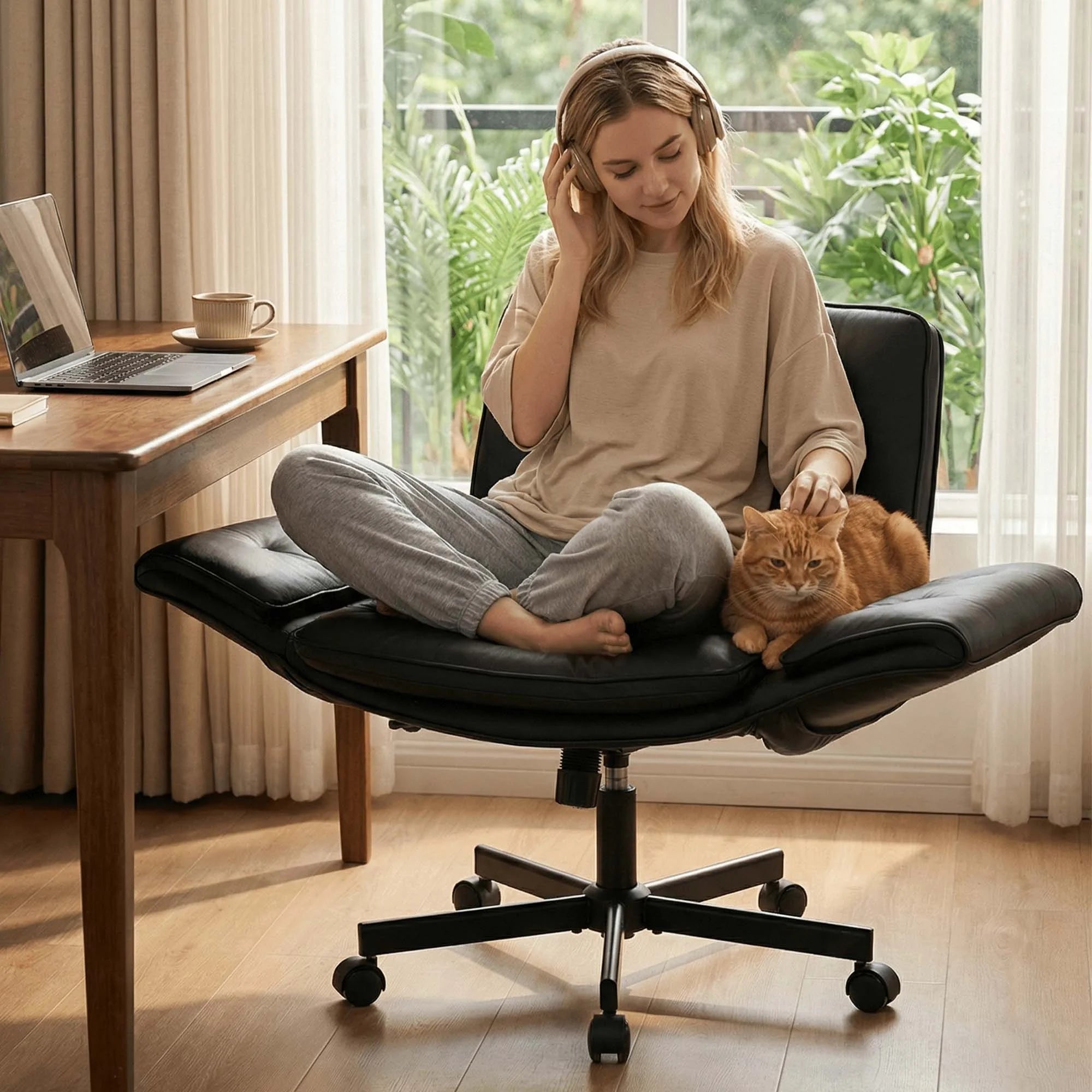 Dark upholstered office chair with cat resting while a person sits comfortably
