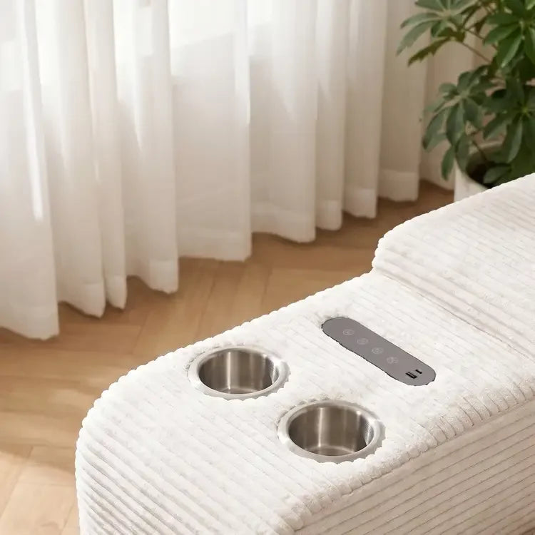 Cream textured ottoman top with two metal cup holders and dark control area