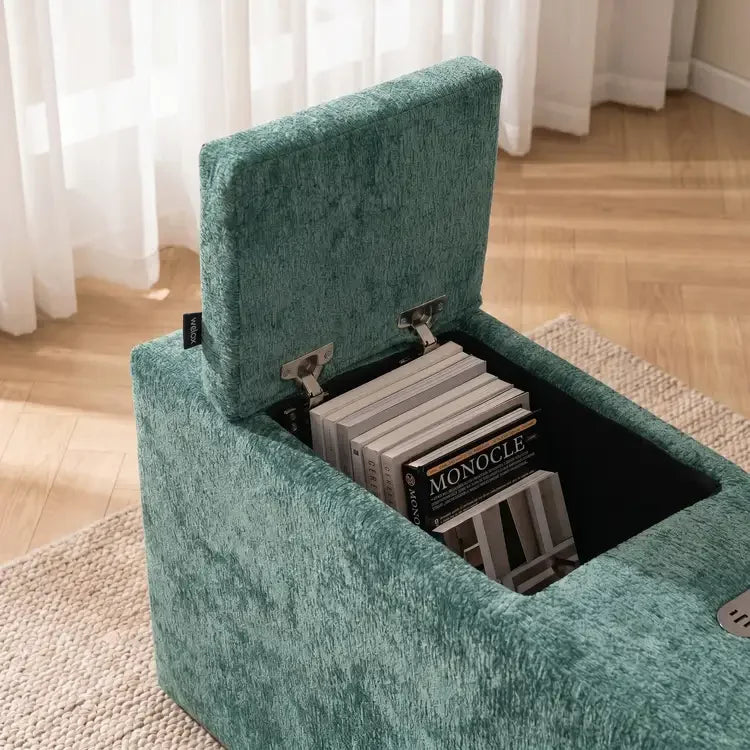 Green textured storage ottoman open compartment with books and cup holder slot