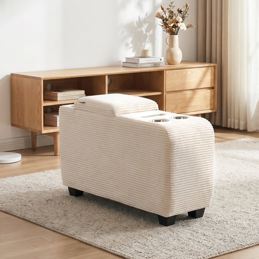 Cream textured storage ottoman with open center compartment and two cup holders