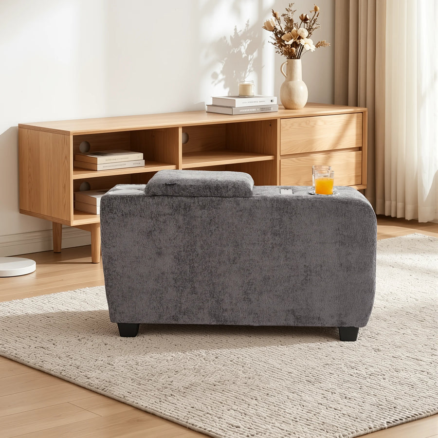 Grey upholstered ottoman side table with built-in speaker and storage lid
