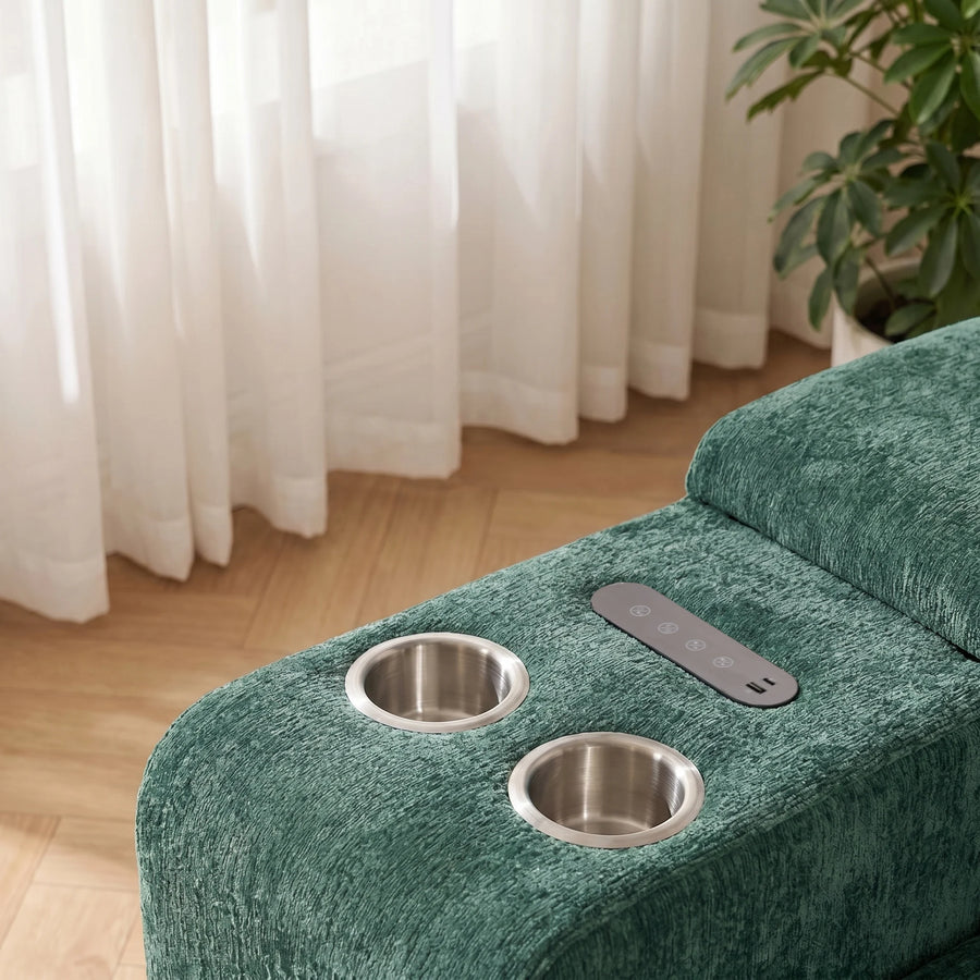 Green fabric side table top with two metal cup holders and speaker control panel