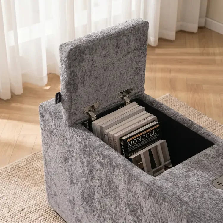 Grey upholstered smart side table with open storage compartment and speaker/cup holder insert