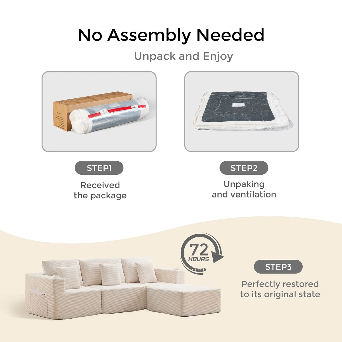 Cream modular sofa shown with bundled package for delivery