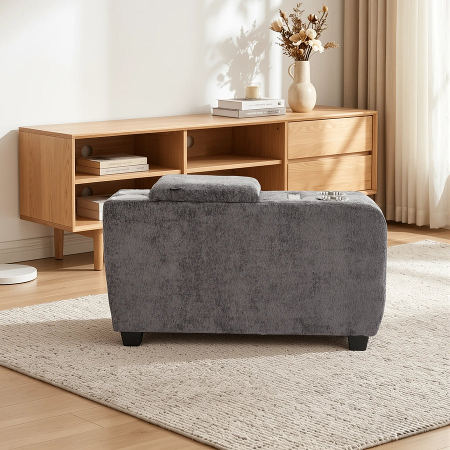 Grey upholstered ottoman side table with built-in speaker and storage