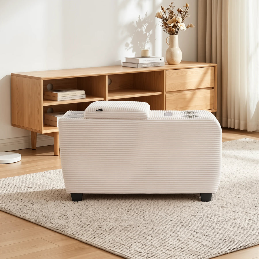 Cream textured storage ottoman with two cup holders and black feet