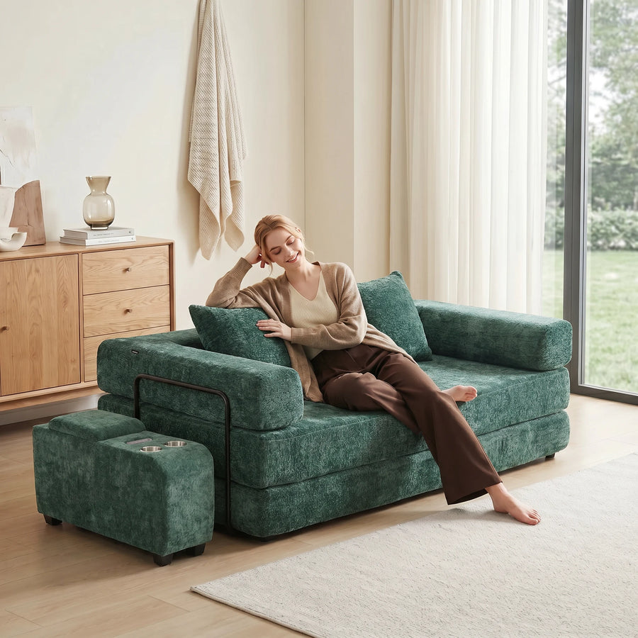 Green upholstered smart side table ottoman with storage and built-in cup holders