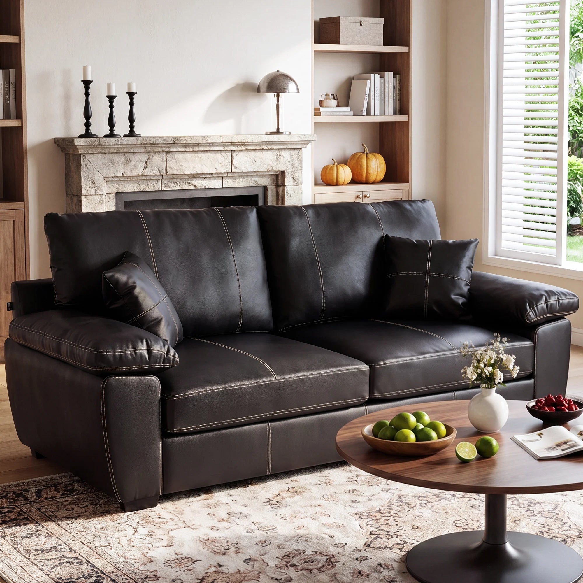 Black leather-look loveseat in a living room setting with tufted back cushions
