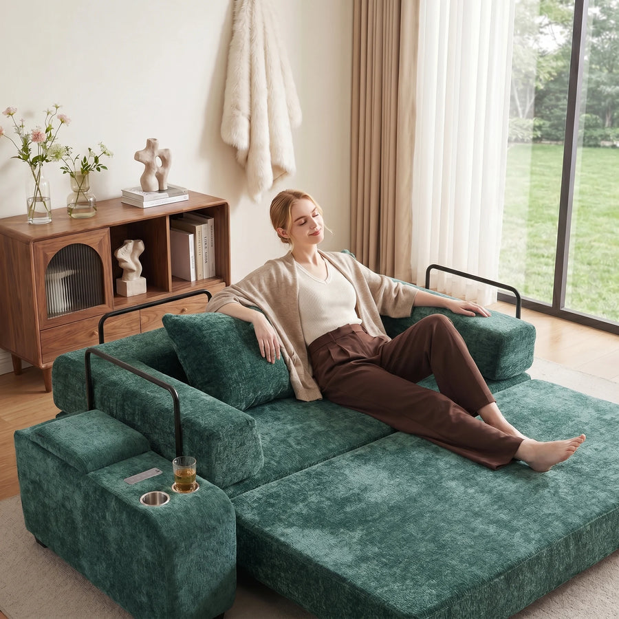Green upholstered storage side table ottoman with recessed cup holders and control area
