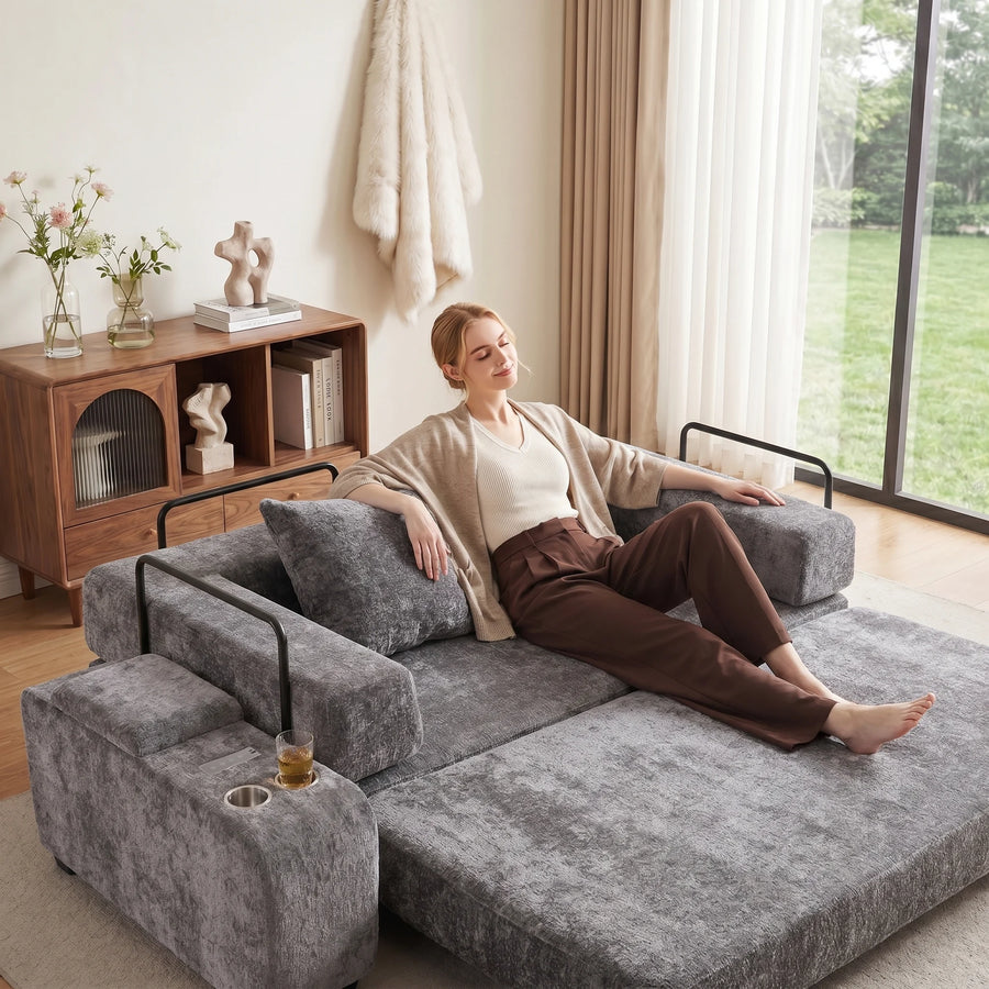 Grey upholstered sectional ottoman side table with built-in speaker and storage