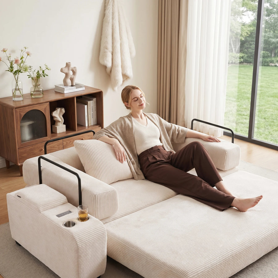 Cream textured lounge set with storage ottoman on wheels and side seating