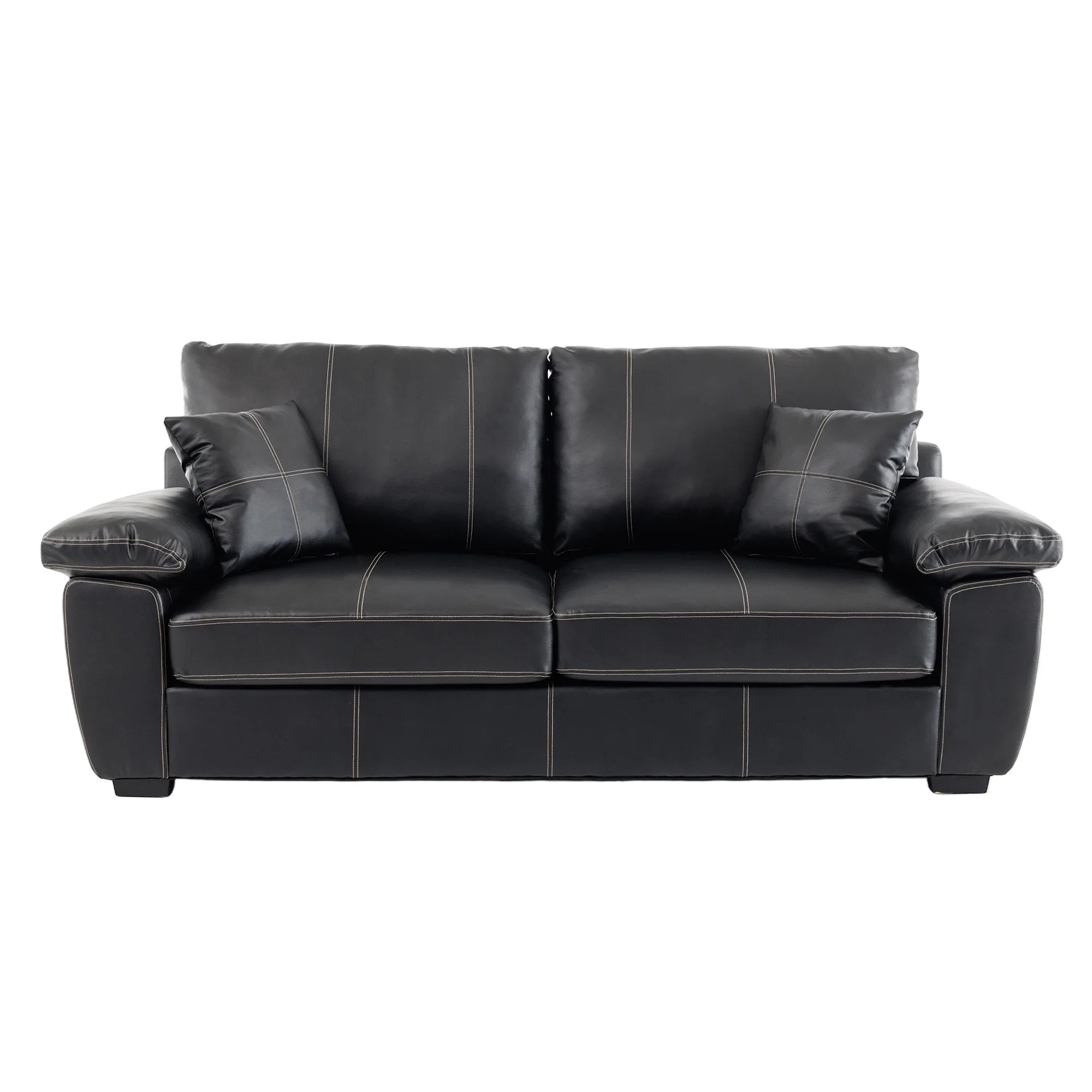 Black leather-look loveseat with tufted back cushions and two front seat sections