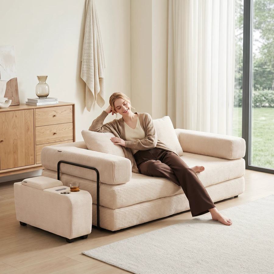 Cream textured lounge set with a storage ottoman seat and matching cushion back
