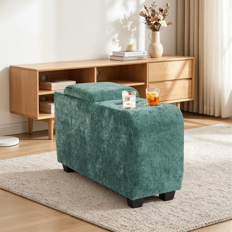 Green upholstered side table with storage lid and metal cup holder openings on top