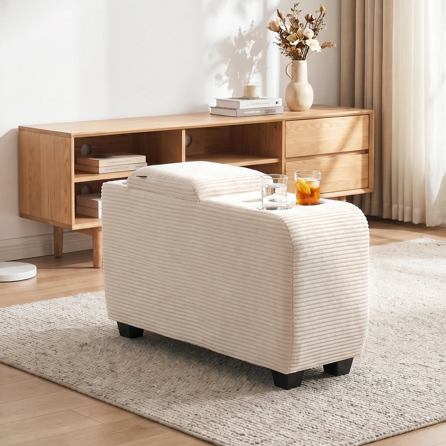 Cream textured storage ottoman with two cup holders and open front compartment