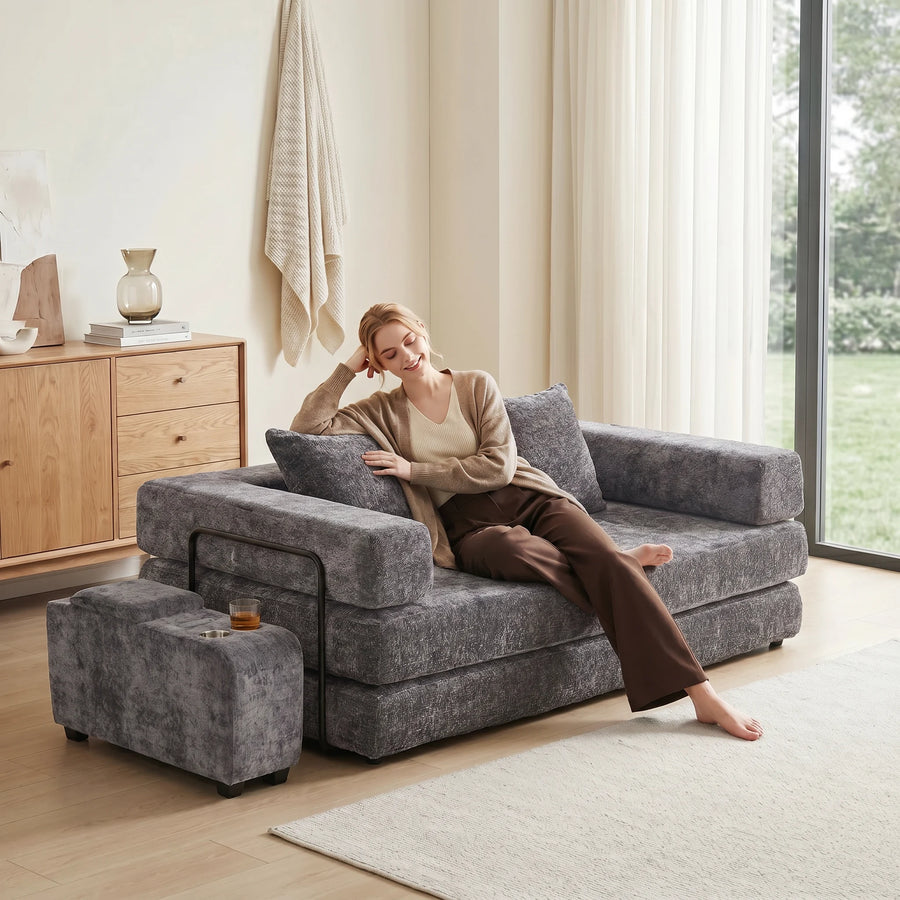 Grey upholstered smart side table ottoman with storage and two recessed cup holders