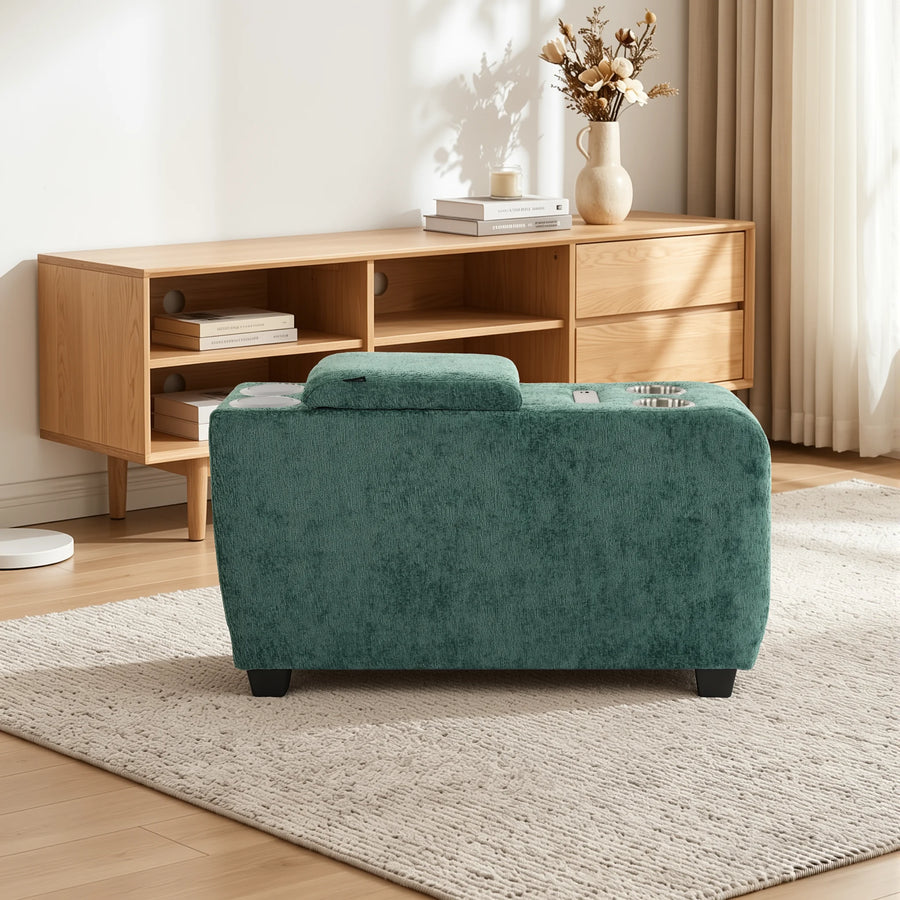 Green upholstered side table with storage compartment, padded sides, and cup holder openings