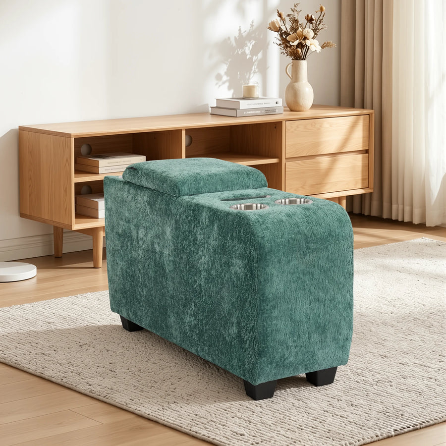 Green upholstered storage side table with hinged top and two cup holder recesses