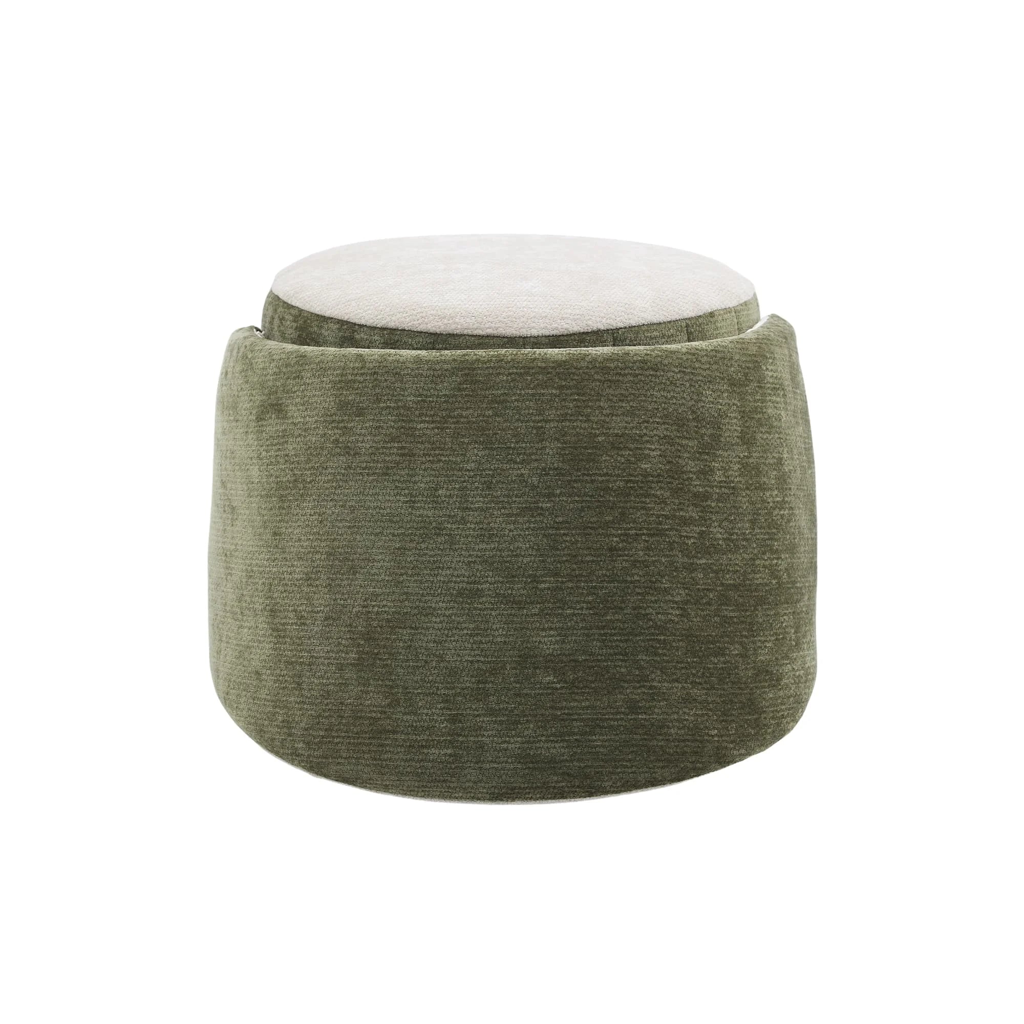 Green barrel accent chair with round light seat cushion and plush upholstered back.