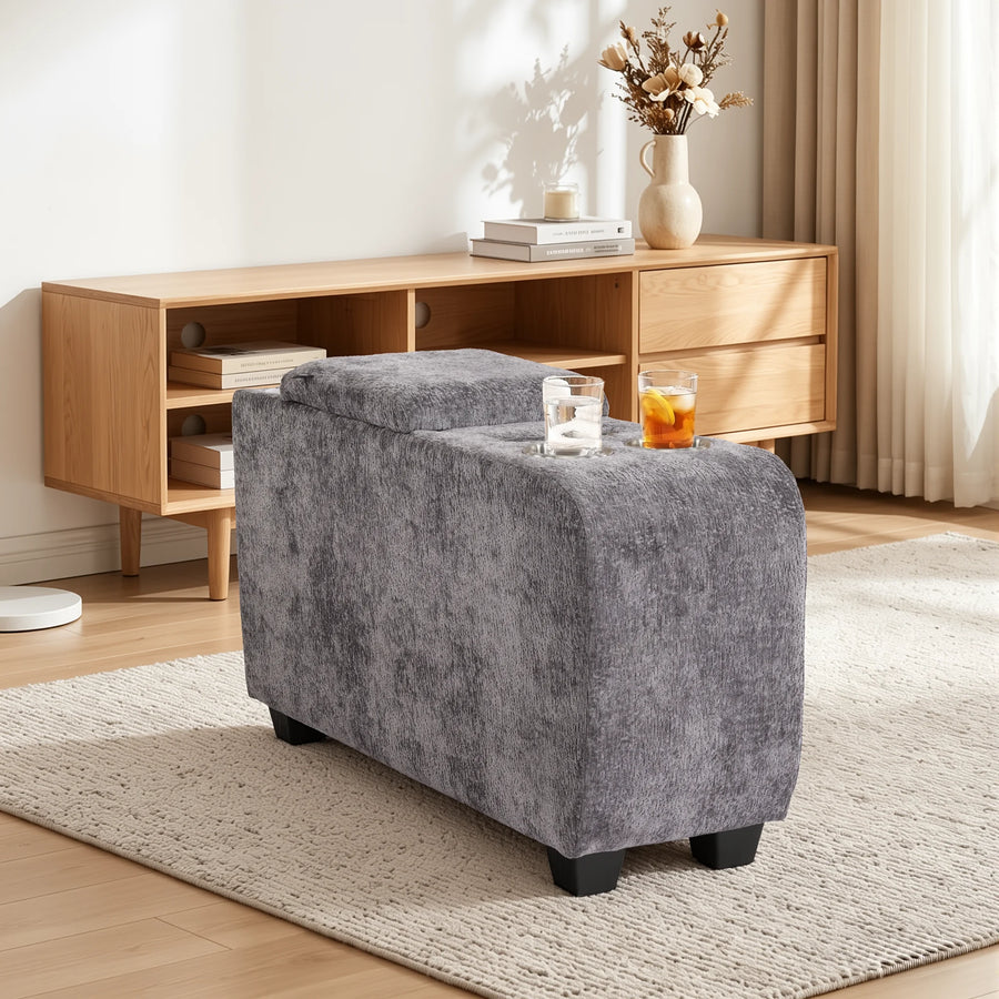 Dark grey upholstered ottoman side table with built-in speaker and storage lid