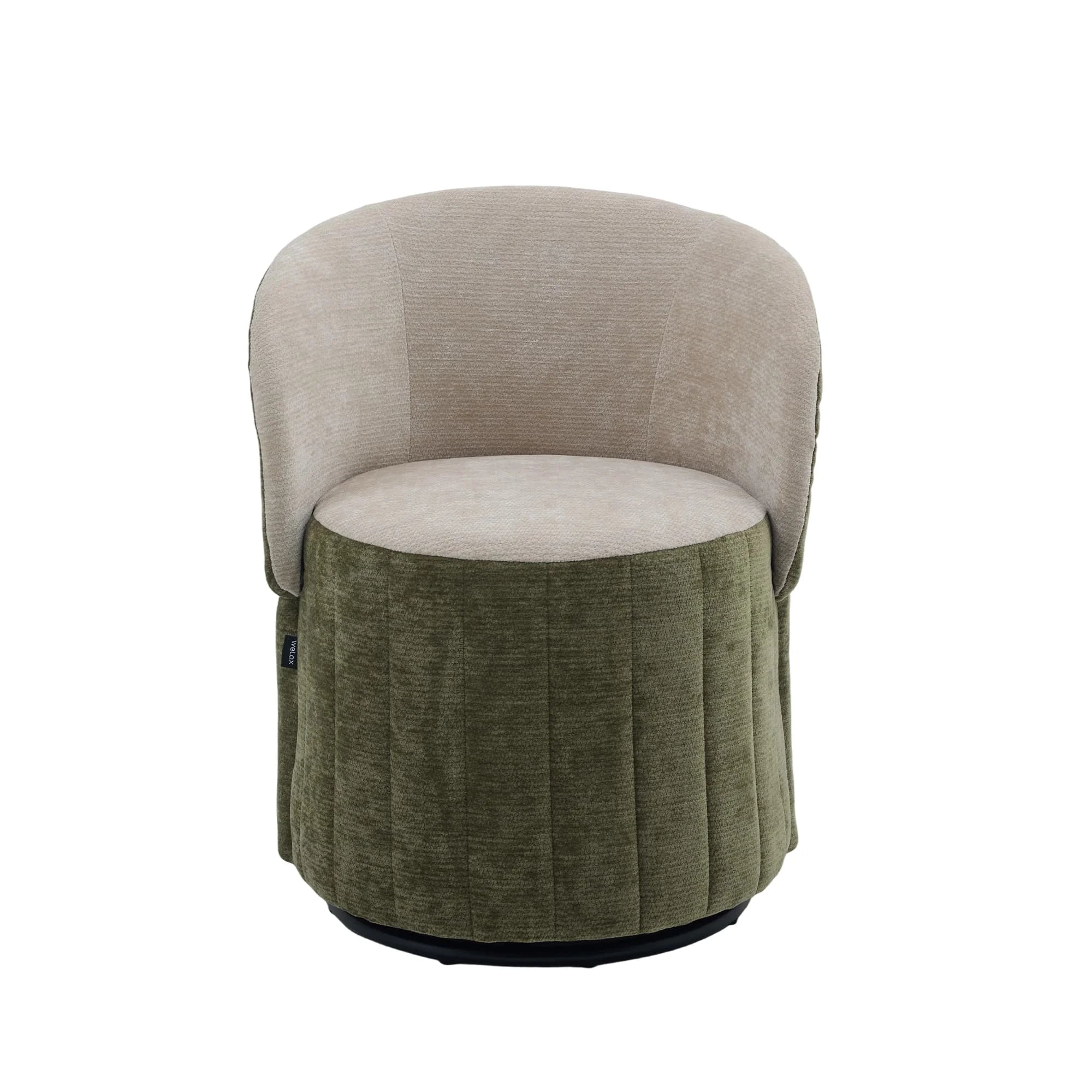 Green and beige barrel accent chair with foldable backrest and cushioned swivel base