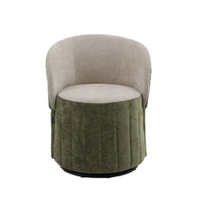 Green and beige barrel accent chair with foldable backrest and cushioned swivel base