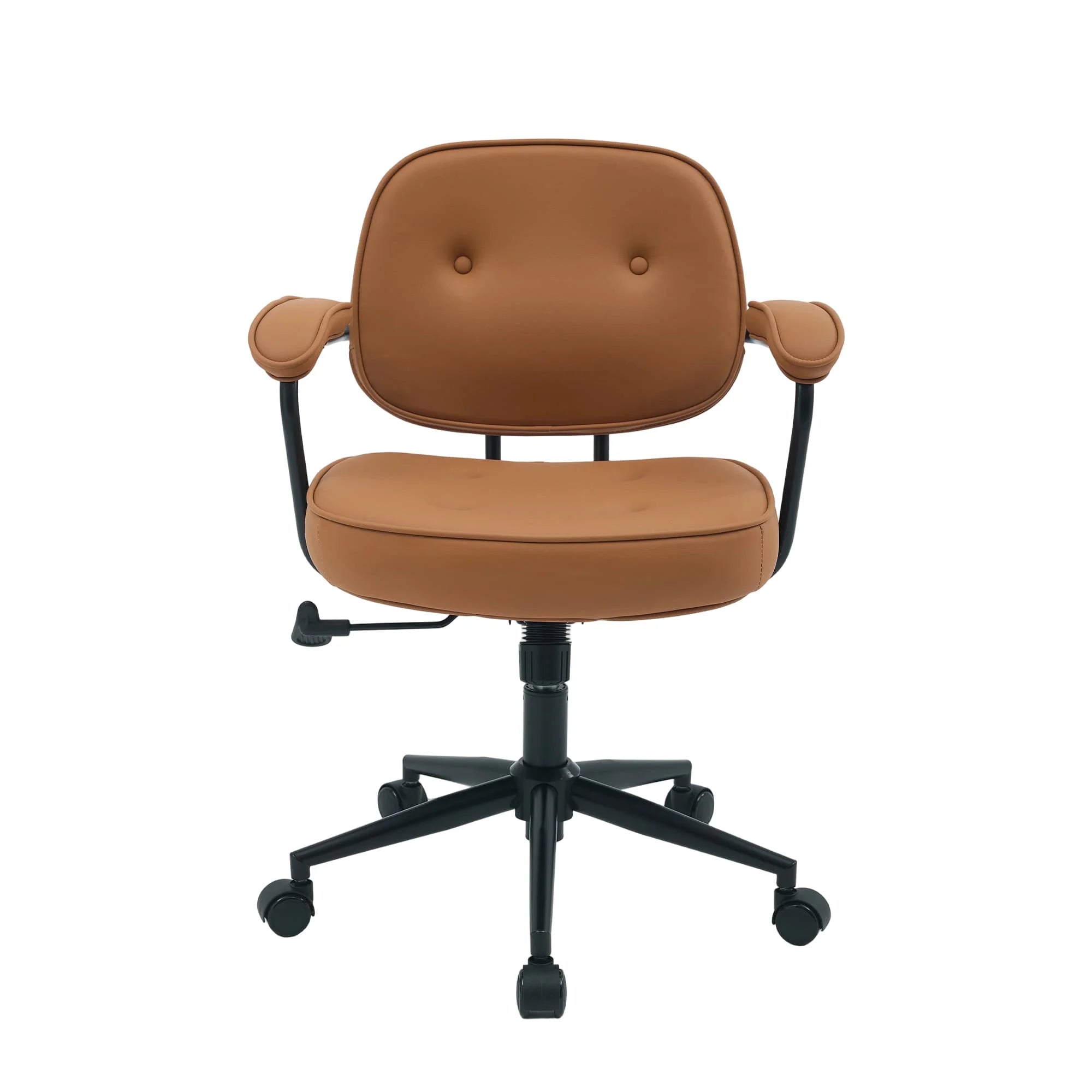 Burnt orange executive-style chair with black star base and casters