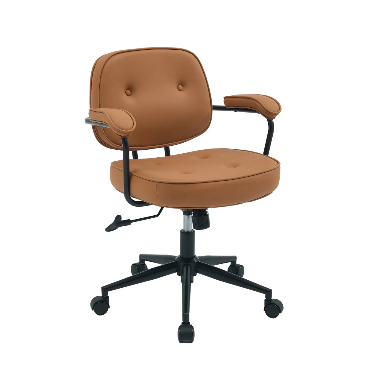 Burnt orange swivel office chair, side view with curved armrest and seat cushion.