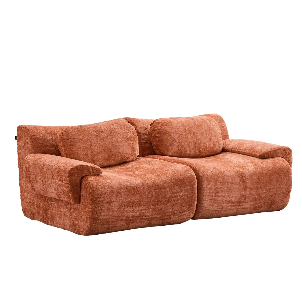 Orange chenille sectional sofa with two seat sections and padded arms.