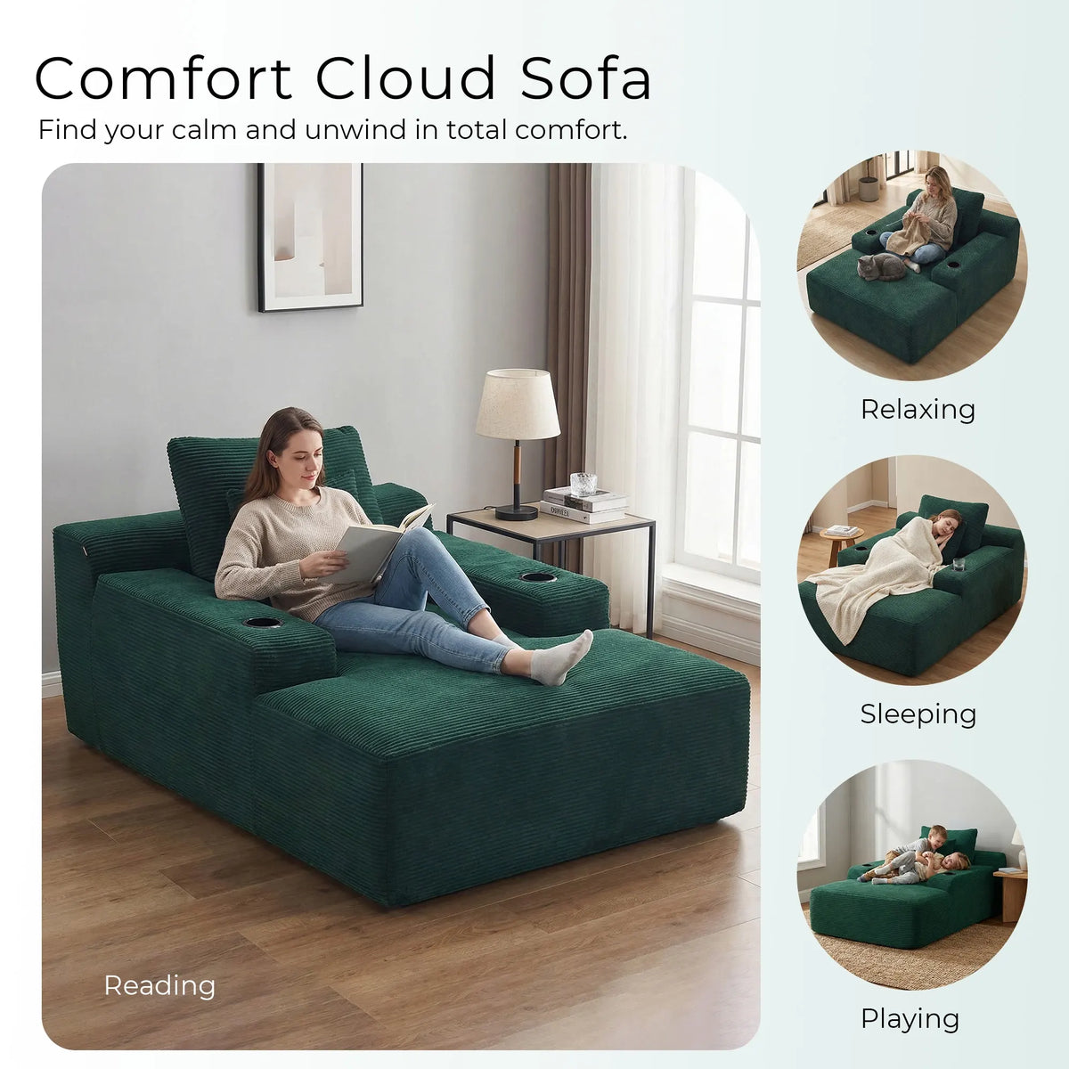 Green oversized single sofa set up for lounging with back cushions