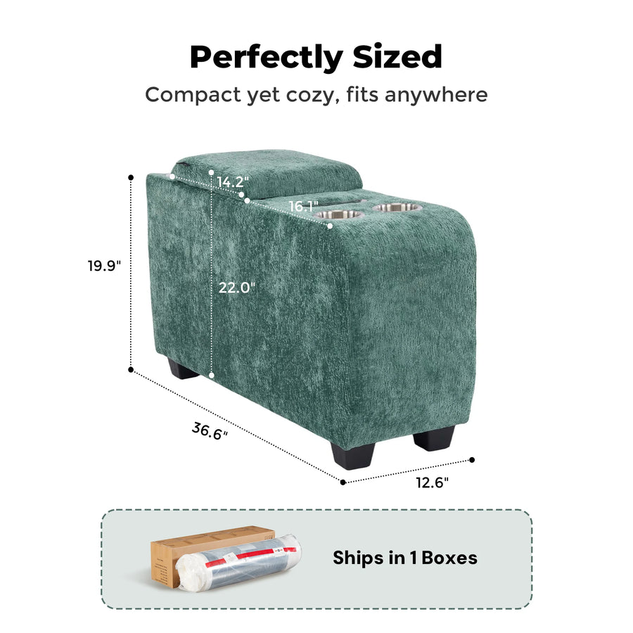 Green upholstered ottoman side table with built-in speaker and storage