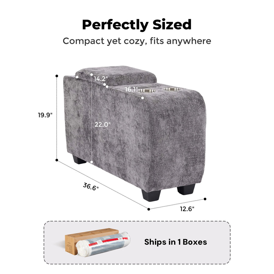 Grey upholstered ottoman side table with built-in speaker and storage